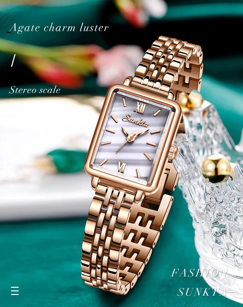 LIGE Sunkta Elegant Quartz Women Watch Simple Stainless Steel Strap Simple Square Dial Luxury Slim Fashion Casual Ladies Watches