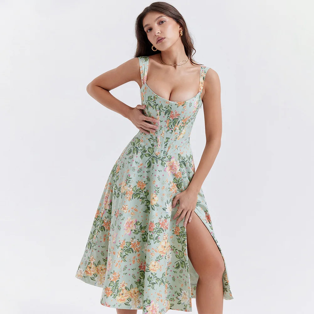 Suninheart Elegant Summer Corset Dress 2024 New Arrivals Blue Slit Flower Print Flare Dress Midi Casual Lace Up Holiday Dress