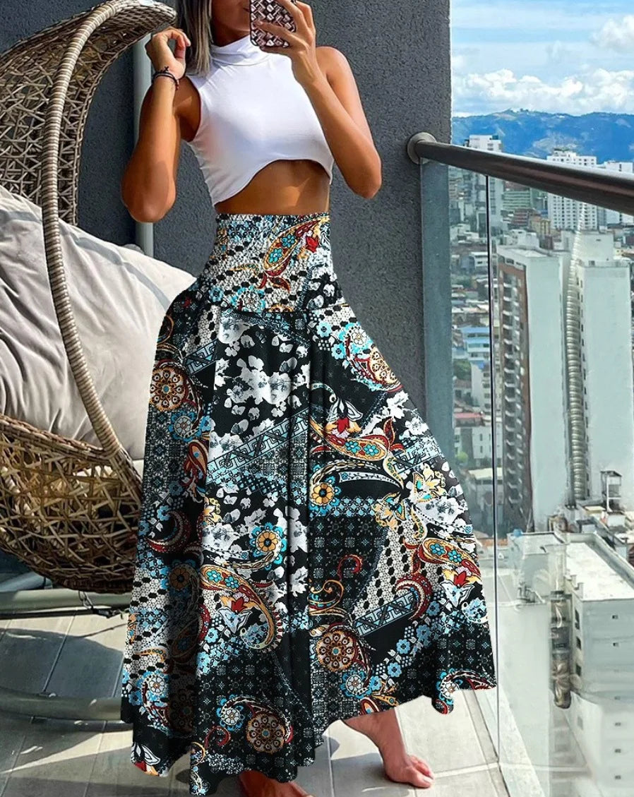 Fashion Cotton Women Floral Print Skirt Side Tie Beach Skirts Summer High Waist Wrap Flower Long Skirt