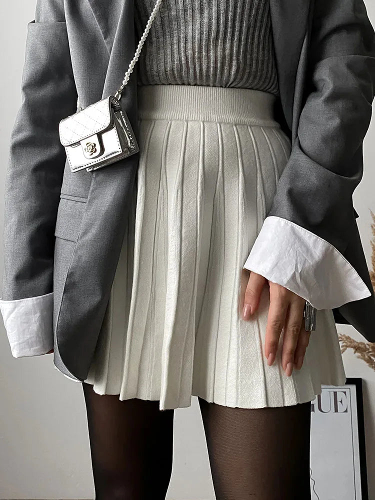 Spring Knit White Mini Pleated Skirts For Women A Line Skirt Gray High Waist Women Knitted Pleated Short Skirts Korean Fashion