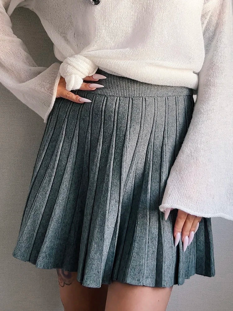 Spring Knit White Mini Pleated Skirts For Women A Line Skirt Gray High Waist Women Knitted Pleated Short Skirts Korean Fashion