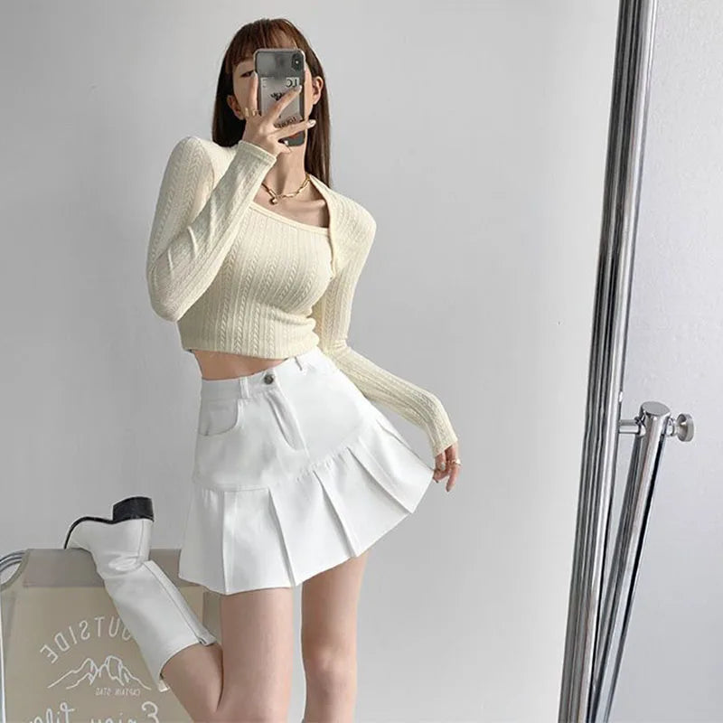 Y2K Vintage High Waist Pleated Skirt Women College Style Uniforms Safety Pants Mini Skirts Woman Korean Street Slim A-Line Skirt