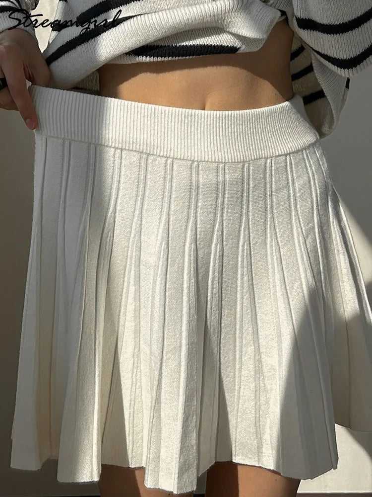 Spring Knit White Mini Pleated Skirts For Women A Line Skirt Gray High Waist Women Knitted Pleated Short Skirts Korean Fashion