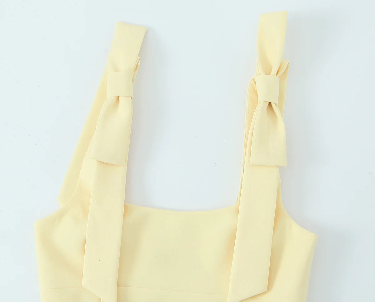 TRAFZA Summer Woman Elegant High Street Solid Side Zipper Slim Tops Women's Chic Sexy Sleeveless Bow Square Collar Sling Top