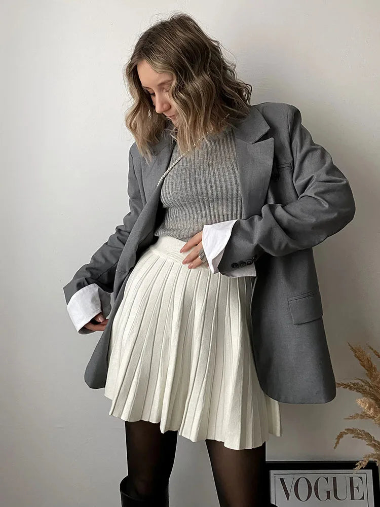 Spring Knit White Mini Pleated Skirts For Women A Line Skirt Gray High Waist Women Knitted Pleated Short Skirts Korean Fashion