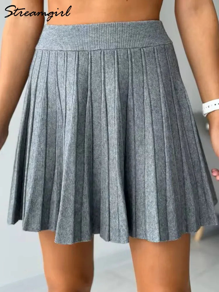 Spring Knit White Mini Pleated Skirts For Women A Line Skirt Gray High Waist Women Knitted Pleated Short Skirts Korean Fashion