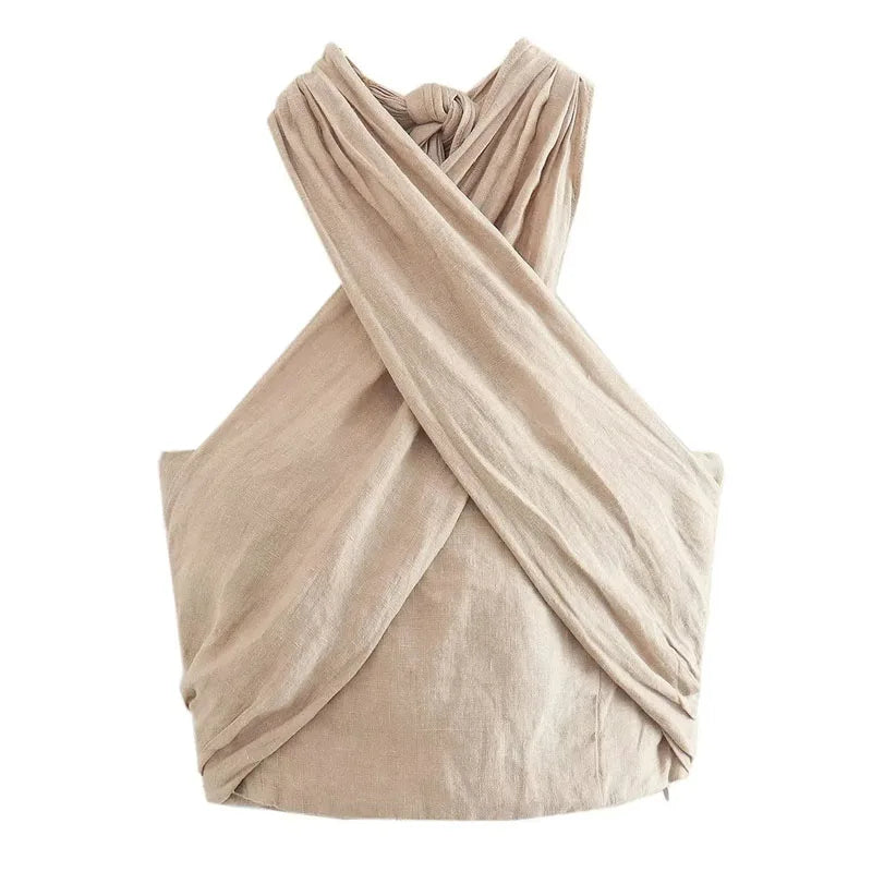 TRAF Linen Halter Top Summer Tops For Women 2023 Crop Backless Sleeveless Sexy Top Designer Female's Elegant Fashion Top Trend