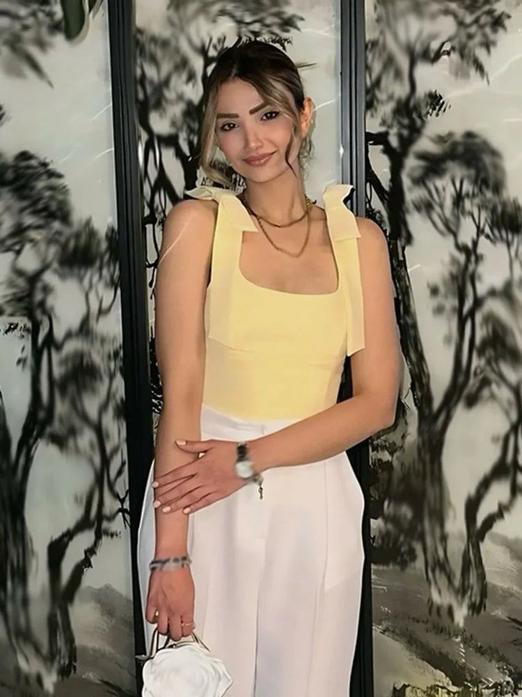 TRAFZA Summer Woman Elegant High Street Solid Side Zipper Slim Tops Women's Chic Sexy Sleeveless Bow Square Collar Sling Top