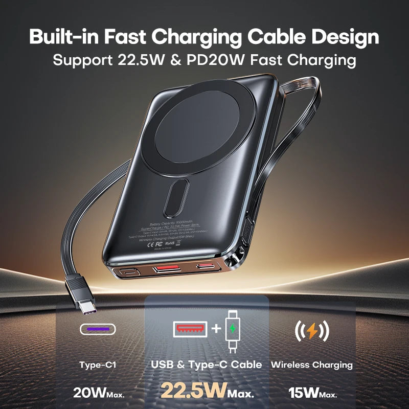 TUODES 22.5W 10000mAh Power Bank Wireless Magnetic Fast Charging Foldable Stand External Battery For iPhone 16 15 For Magsafe