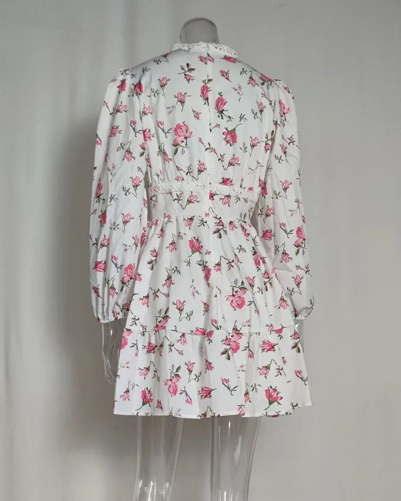 Luxury new elegant sweet print V-neck lace short long sleeve floral dress women