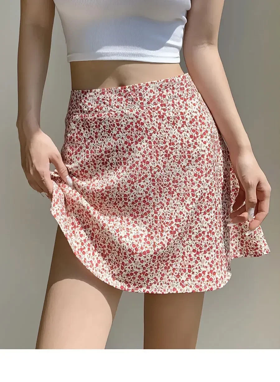 Retro French Girl Floral Skirt Summer Large Size High Waist Long Legs A-line Skirt Popular Vacation Short Skirt Umbrella Skirt
