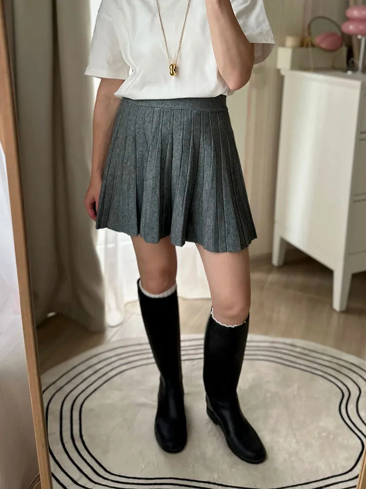 Spring Knit White Mini Pleated Skirts For Women A Line Skirt Gray High Waist Women Knitted Pleated Short Skirts Korean Fashion