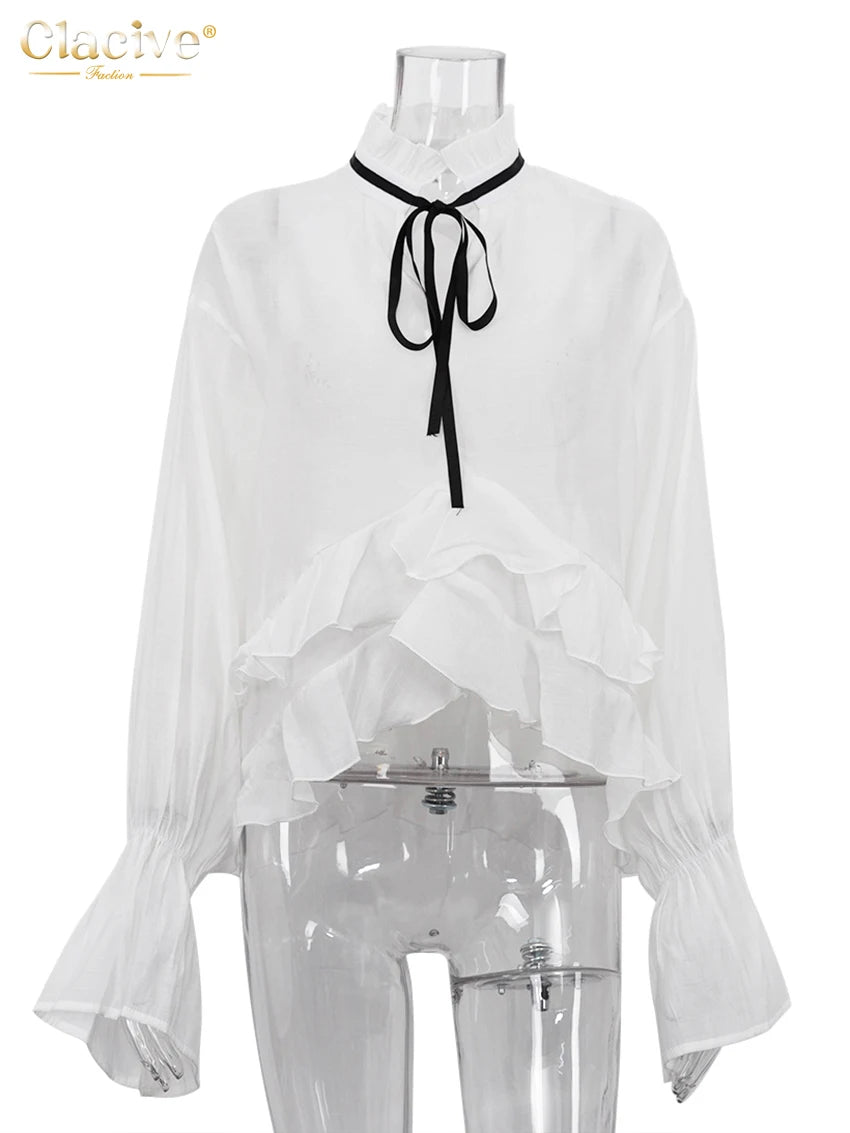 Clacive Sexy Loose White Women'S Shirt 2024 Fashion Ruffle Collar Long Sleeve Blouses Elegant See Through Top Female Clothing