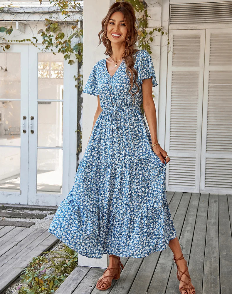 Vintage Floral Dresses for Women Elegant Loose New Slit Dress Summer Beach Holiday Leisure Long Dresses High Waist Print Vestido