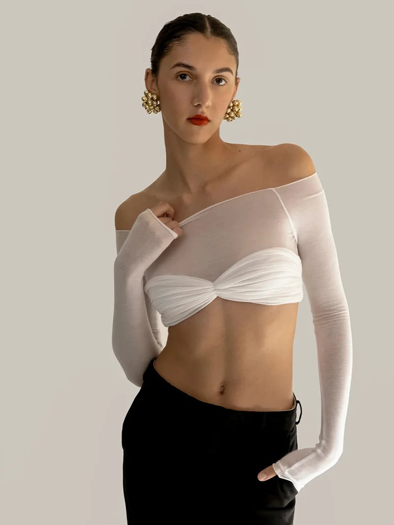Mozision See Through Mesh Crop Top Women Pullovers Strapless Short Knit Cropped Tops Ladies Tee Shirt Sexy Off-shoulder T-shirt