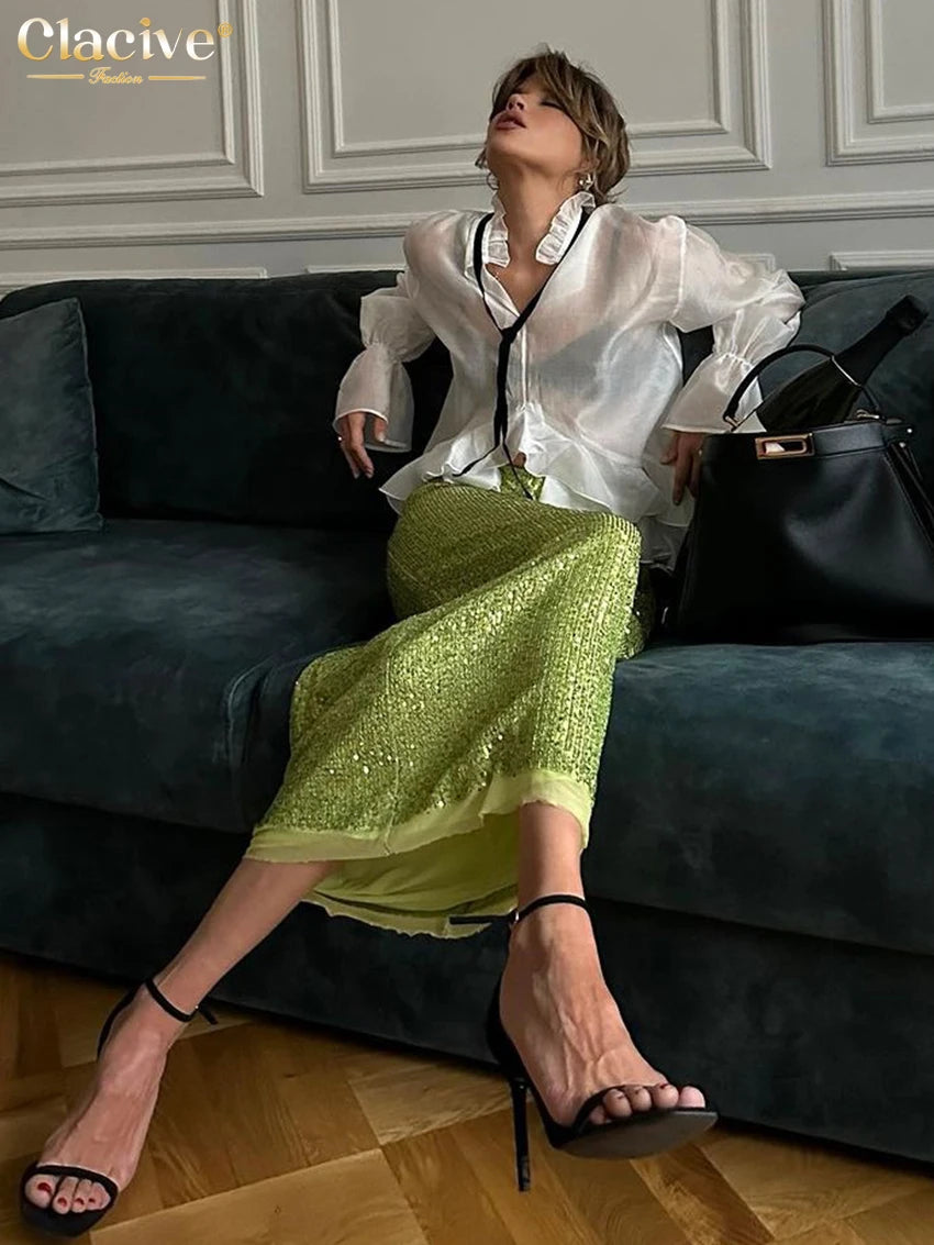 Clacive Sexy Loose White Women'S Shirt 2024 Fashion Ruffle Collar Long Sleeve Blouses Elegant See Through Top Female Clothing