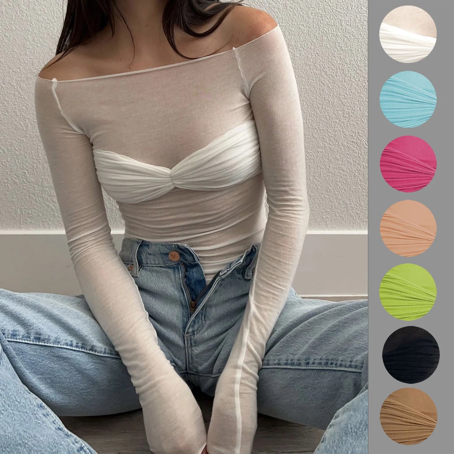 Mozision See Through Mesh Crop Top Women Pullovers Strapless Short Knit Cropped Tops Ladies Tee Shirt Sexy Off-shoulder T-shirt