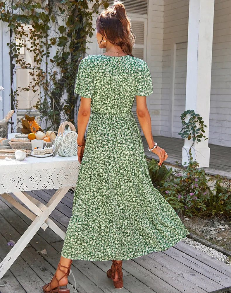 Vintage Floral Dresses for Women Elegant Loose New Slit Dress Summer Beach Holiday Leisure Long Dresses High Waist Print Vestido