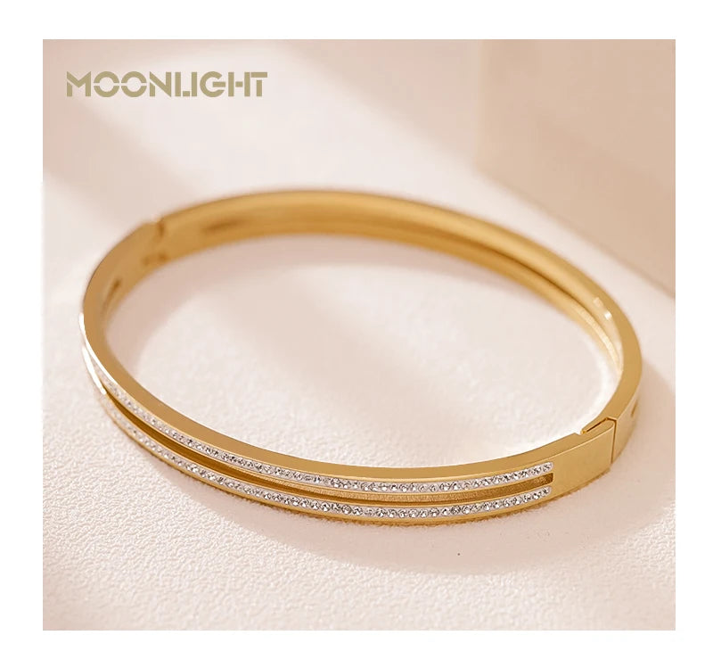 MOONLIGHT Fashion Cubic Zirconia Cuff Bangles for Women Trendy Titanium Steel Circular Classic Bracelet Female Jewelry Gift