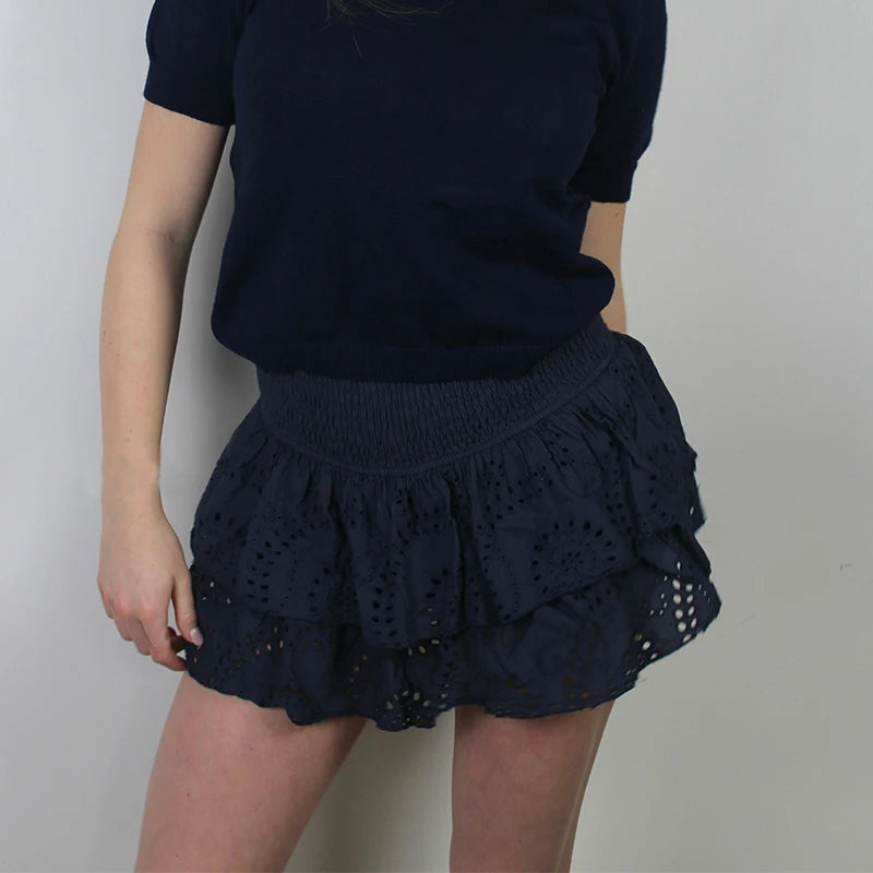 Women Y2K Ruffle Layered Hollow Mini Skirts Smocked A Line Pleated Short Skirts Teen Girls Boho Beach Kawaii Mini Skirts
