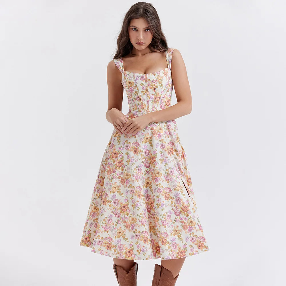 Suninheart Elegant Summer Corset Dress 2024 New Arrivals Blue Slit Flower Print Flare Dress Midi Casual Lace Up Holiday Dress