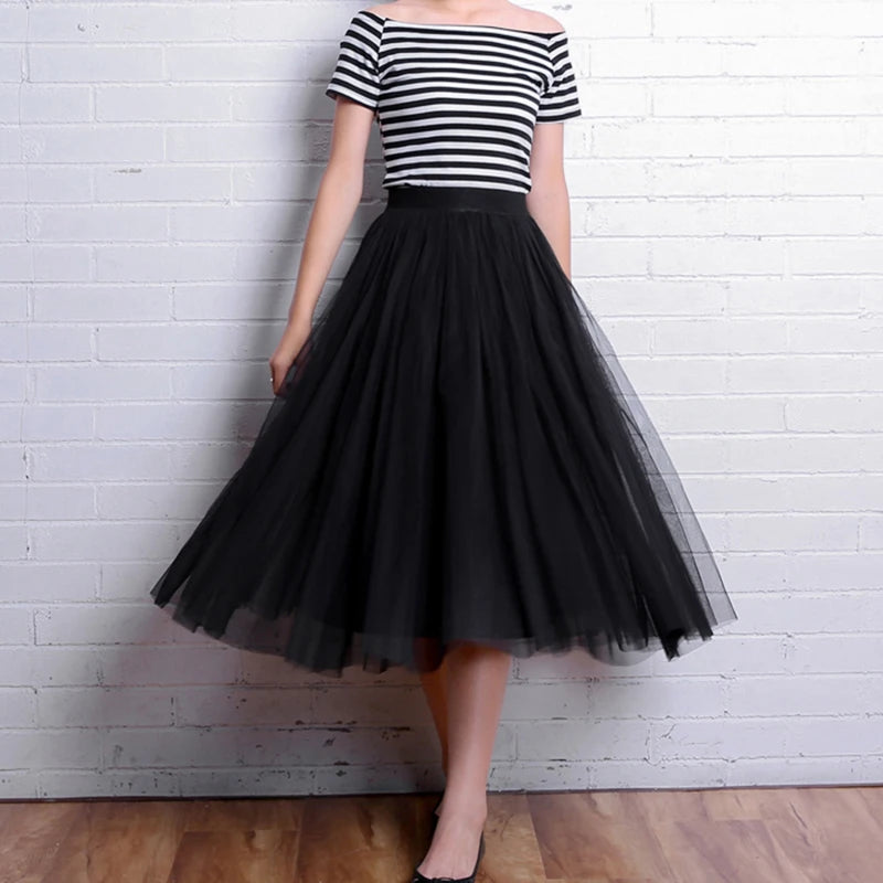 Vintage Tulle Skirt Women Streetwear Elastic High Waist Mesh Pleated Skirts Summer Elegant Korean A Line Office Ladies Skirt New