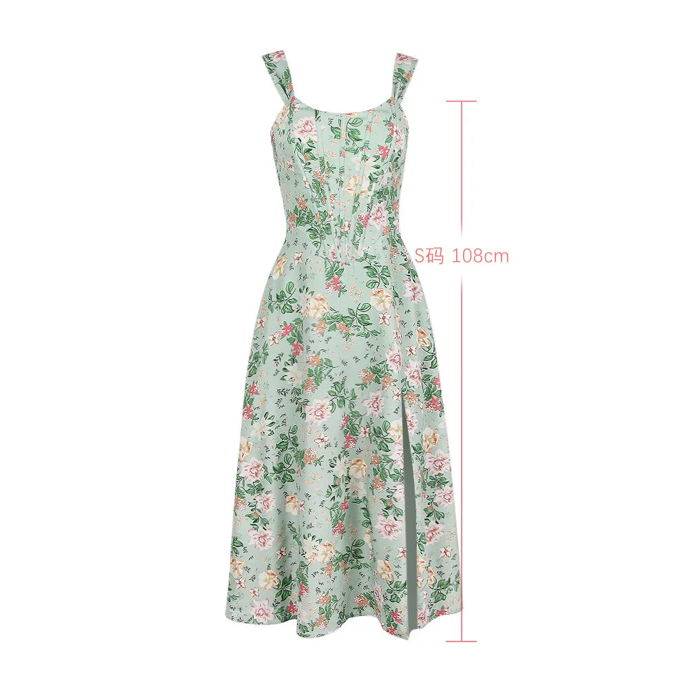 Suninheart Elegant Summer Corset Dress 2024 New Arrivals Blue Slit Flower Print Flare Dress Midi Casual Lace Up Holiday Dress