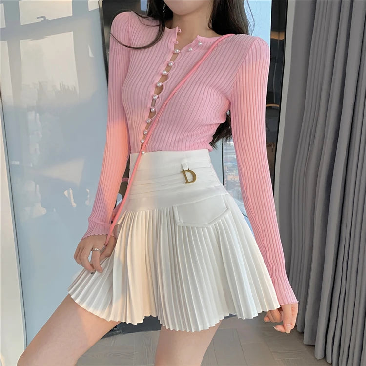 Zwarte Geplooide Rokken Vrouwen Hoge Taille Mini Rok Metalen Letter D Ontwerp A-lijn Clubwear Koreaanse Sexy Streetwear Tonen Ca