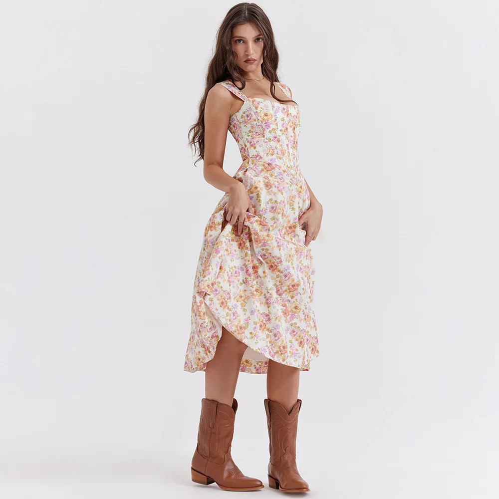 Suninheart Elegant Summer Corset Dress 2024 New Arrivals Blue Slit Flower Print Flare Dress Midi Casual Lace Up Holiday Dress