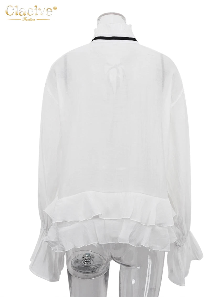 Clacive Sexy Loose White Women'S Shirt 2024 Fashion Ruffle Collar Long Sleeve Blouses Elegant See Through Top Female Clothing