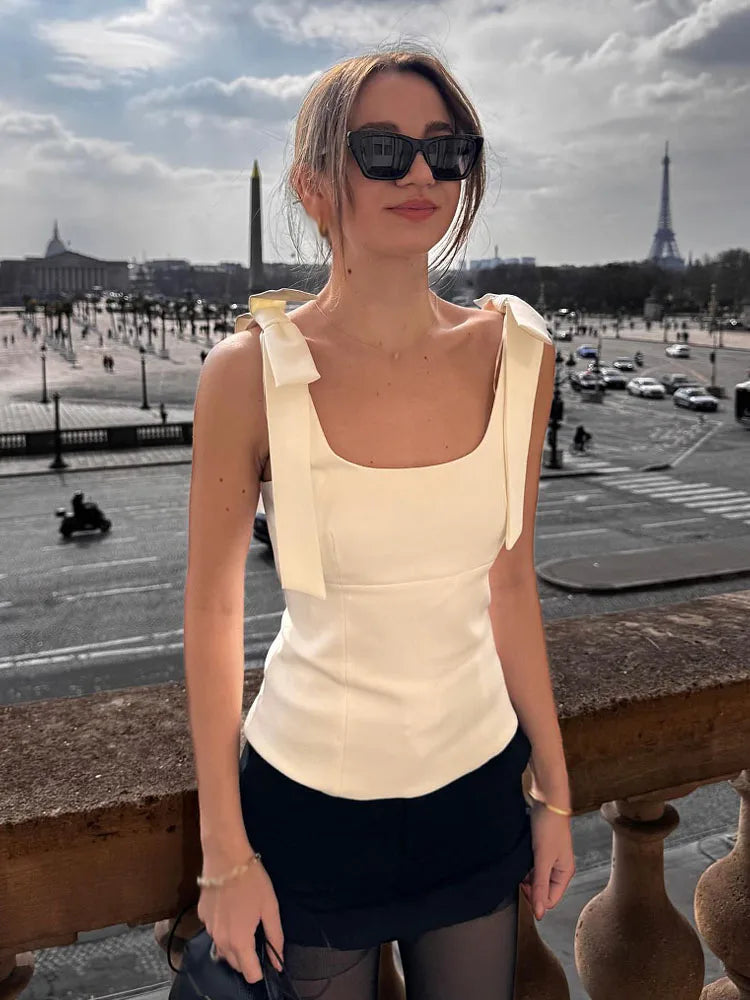 TRAFZA Summer Woman Elegant High Street Solid Side Zipper Slim Tops Women's Chic Sexy Sleeveless Bow Square Collar Sling Top