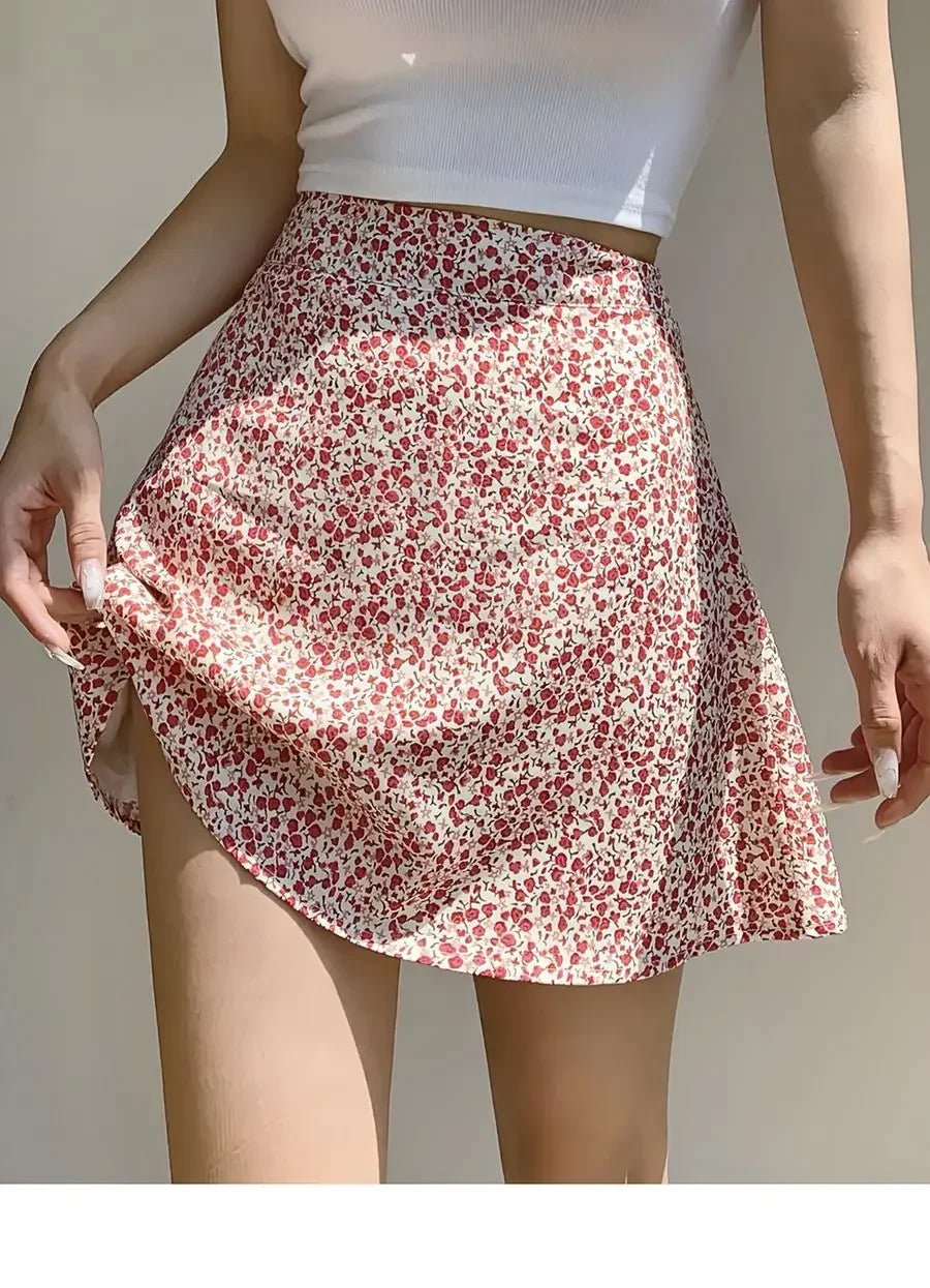 Retro French Girl Floral Skirt Summer Large Size High Waist Long Legs A-line Skirt Popular Vacation Short Skirt Umbrella Skirt