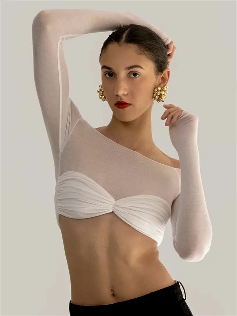 Mozision See Through Mesh Crop Top Women Pullovers Strapless Short Knit Cropped Tops Ladies Tee Shirt Sexy Off-shoulder T-shirt