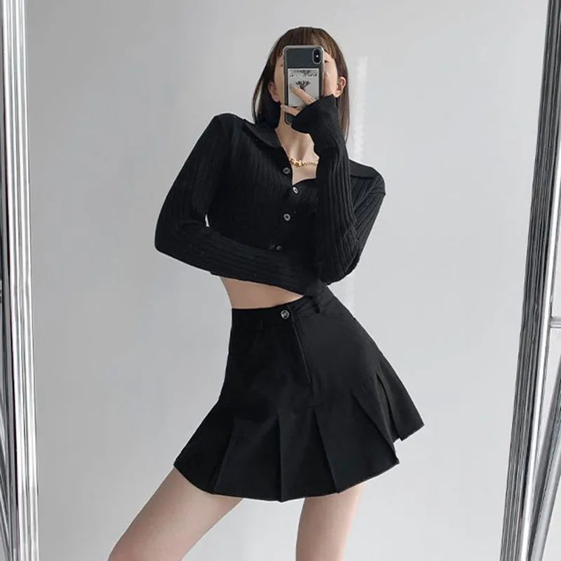 Y2K Vintage High Waist Pleated Skirt Women College Style Uniforms Safety Pants Mini Skirts Woman Korean Street Slim A-Line Skirt