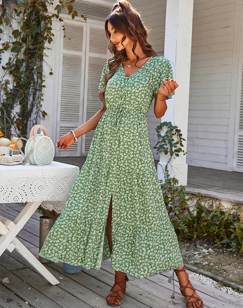 Vintage Floral Dresses for Women Elegant Loose New Slit Dress Summer Beach Holiday Leisure Long Dresses High Waist Print Vestido