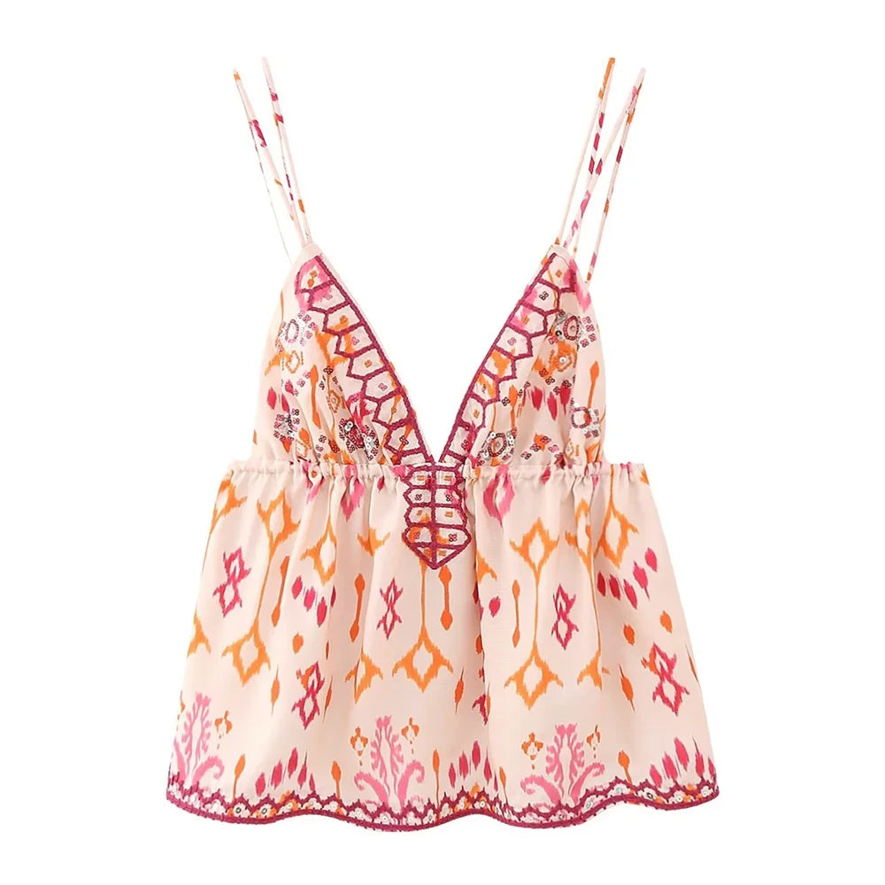 UNIZERA Autumn New Women's Fashion Versatile Sexy V-Neck Sleeveless Embroidery Beaded Print Short Top