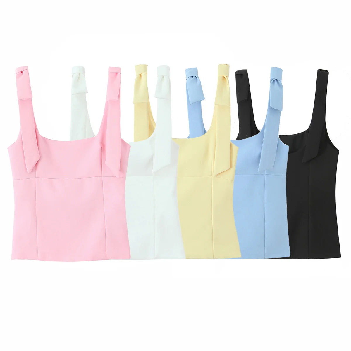 TRAFZA Summer Woman Elegant High Street Solid Side Zipper Slim Tops Women's Chic Sexy Sleeveless Bow Square Collar Sling Top