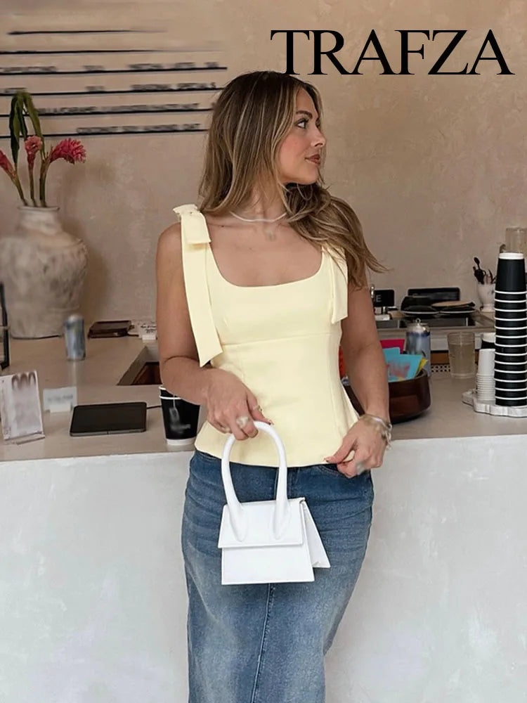 TRAFZA Summer Woman Elegant High Street Solid Side Zipper Slim Tops Women's Chic Sexy Sleeveless Bow Square Collar Sling Top