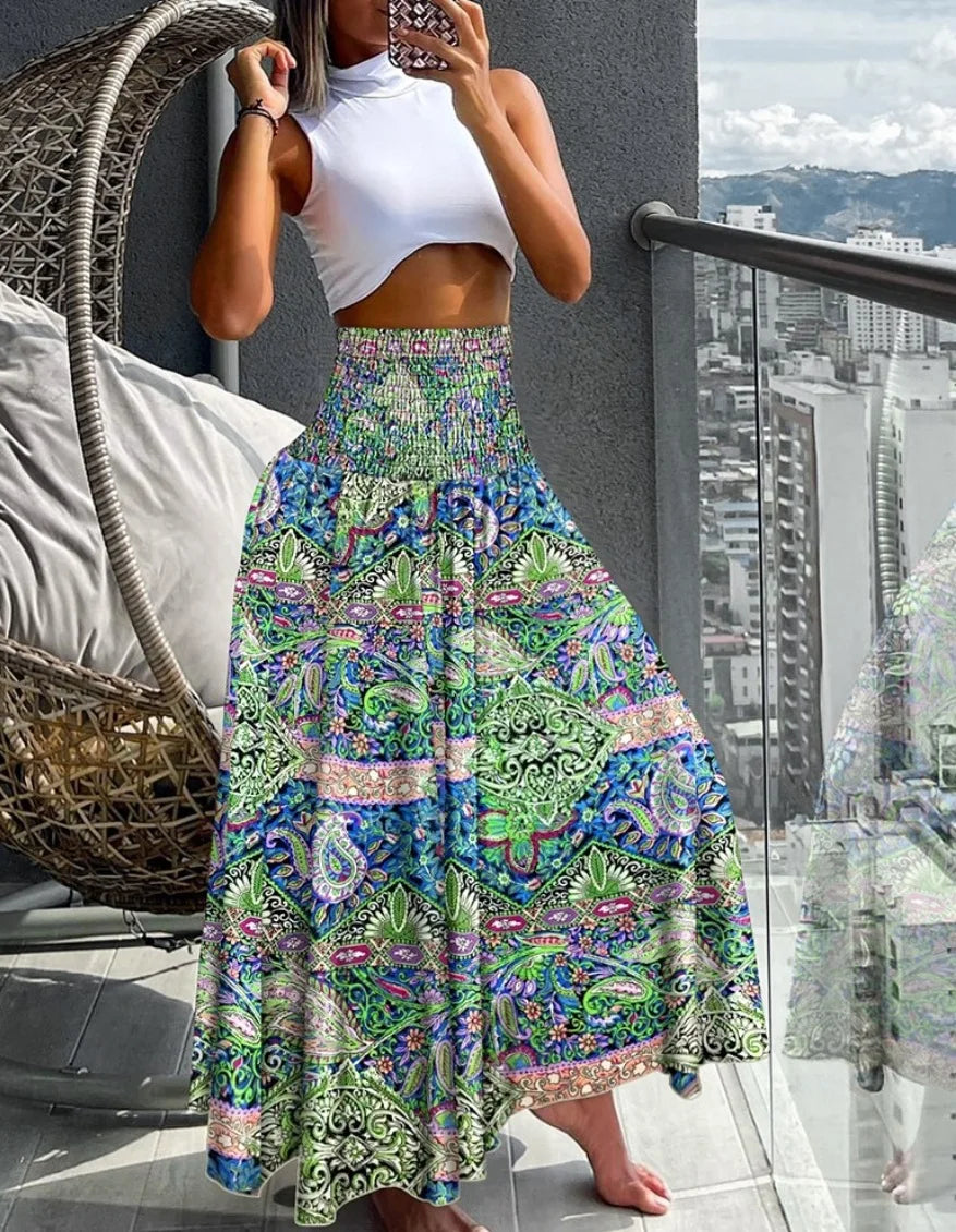 Fashion Cotton Women Floral Print Skirt Side Tie Beach Skirts Summer High Waist Wrap Flower Long Skirt