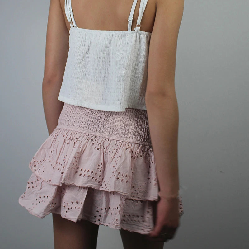 Women Y2K Ruffle Layered Hollow Mini Skirts Smocked A Line Pleated Short Skirts Teen Girls Boho Beach Kawaii Mini Skirts