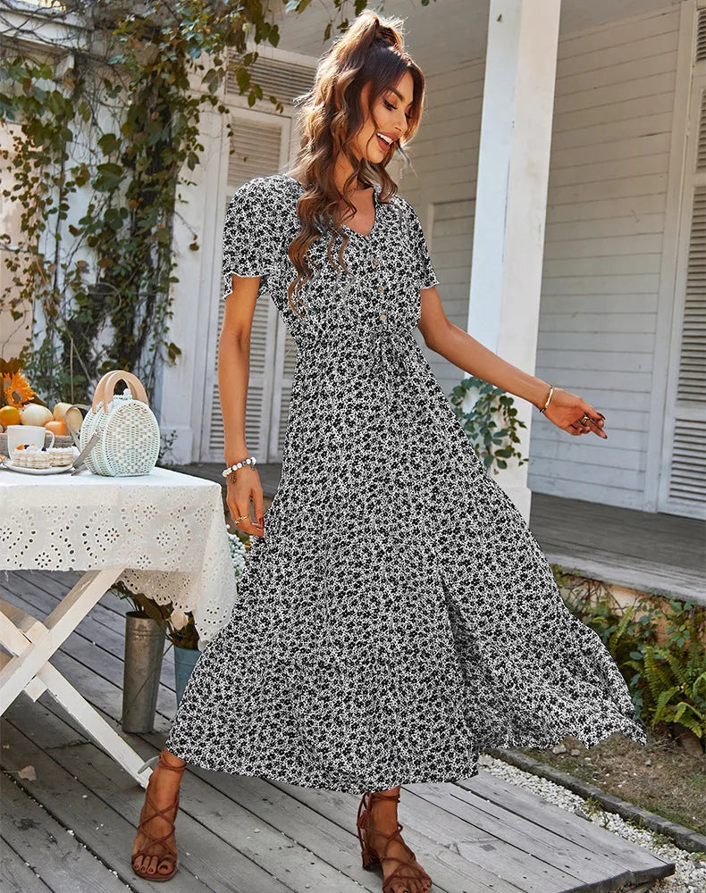 Vintage Floral Dresses for Women Elegant Loose New Slit Dress Summer Beach Holiday Leisure Long Dresses High Waist Print Vestido