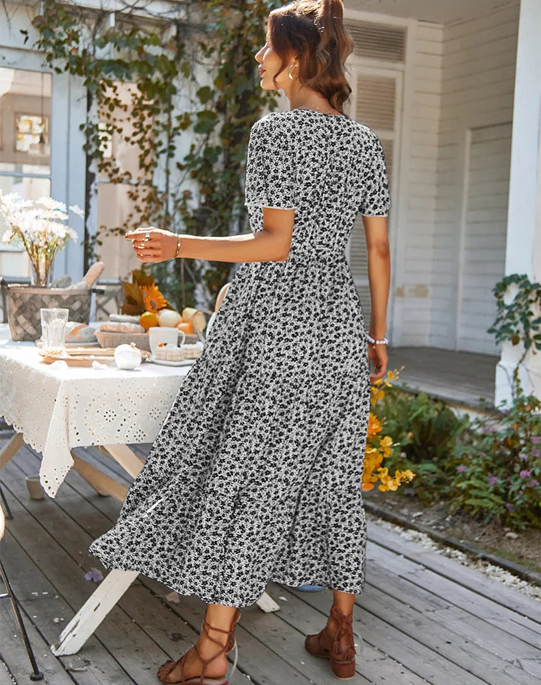 Vintage Floral Dresses for Women Elegant Loose New Slit Dress Summer Beach Holiday Leisure Long Dresses High Waist Print Vestido