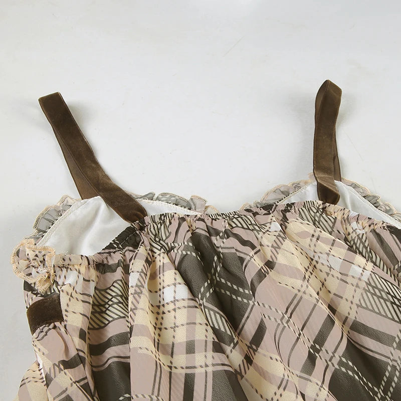 IAMHOTTY Plaid Print Camisole Vintage Contrast Color Tie-up Bow A-line Crop Top Y2K Aesthetic V-neck Corset Cute Holiday Outfits