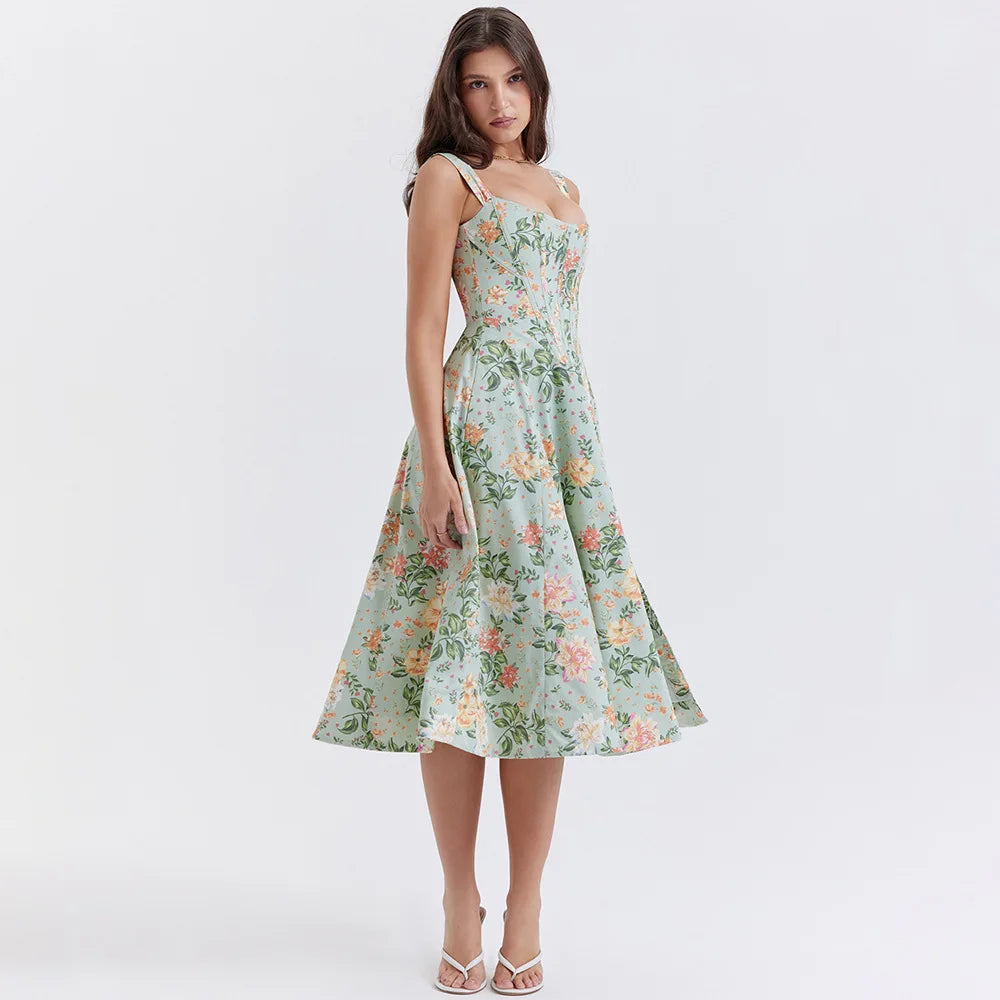 Suninheart Elegant Summer Corset Dress 2024 New Arrivals Blue Slit Flower Print Flare Dress Midi Casual Lace Up Holiday Dress