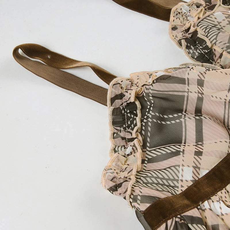 IAMHOTTY Plaid Print Camisole Vintage Contrast Color Tie-up Bow A-line Crop Top Y2K Aesthetic V-neck Corset Cute Holiday Outfits