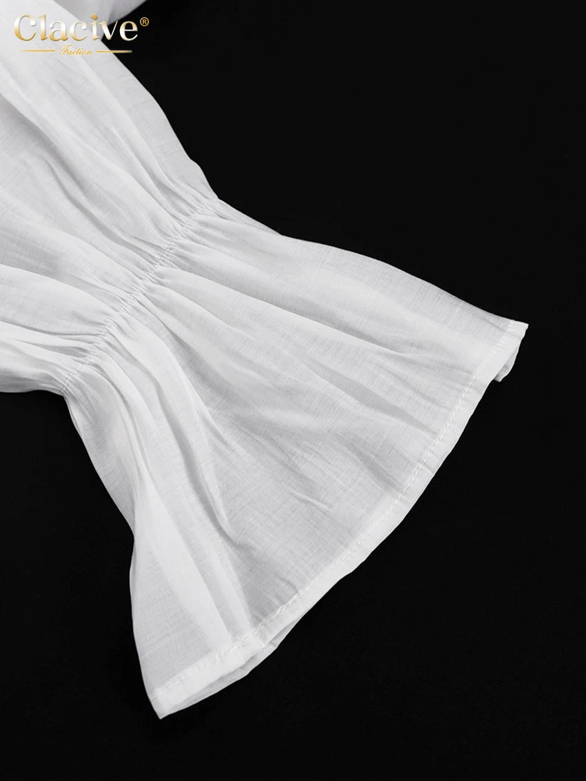 Clacive Sexy Loose White Women'S Shirt 2024 Fashion Ruffle Collar Long Sleeve Blouses Elegant See Through Top Female Clothing