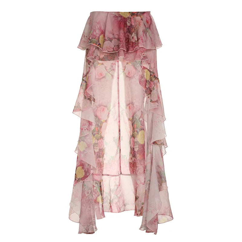 BIIKPIIK Vacation Ruffles Skirts Fashion Floral Print Vintage Elegant Women Skirts Designed Semi-perspective Sexy Holiday Bottom