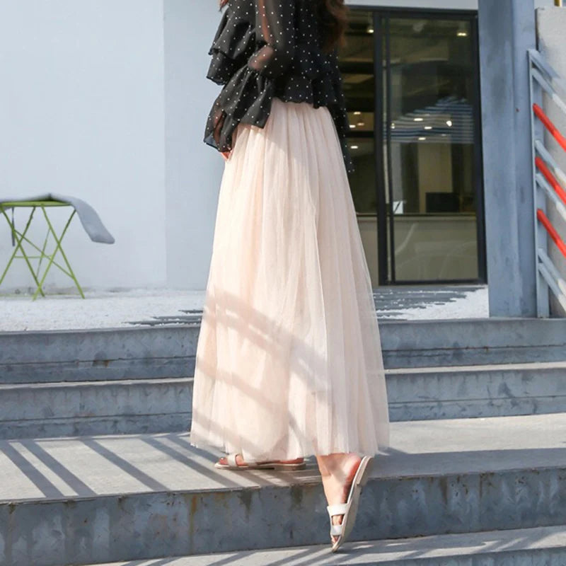 Vintage Tulle Skirt Women Streetwear Elastic High Waist Mesh Pleated Skirts Summer Elegant Korean A Line Office Ladies Skirt New