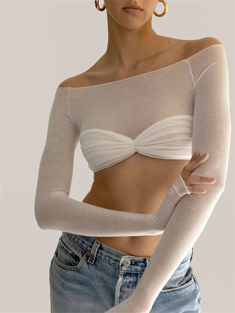 Mozision See Through Mesh Crop Top Women Pullovers Strapless Short Knit Cropped Tops Ladies Tee Shirt Sexy Off-shoulder T-shirt