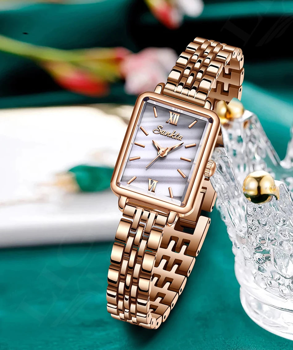 LIGE Sunkta Elegant Quartz Women Watch Simple Stainless Steel Strap Simple Square Dial Luxury Slim Fashion Casual Ladies Watches